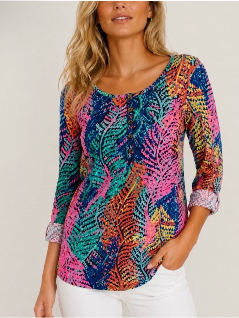 Lilly Pulitzer Pima Cotton Tropical Fern Henley Top Roll Tab Sleeve Large